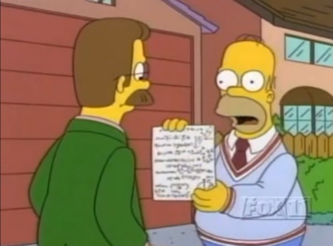 Homer le demuestra a Flanders que ha demostrado matemáticamente que Dios no existe.